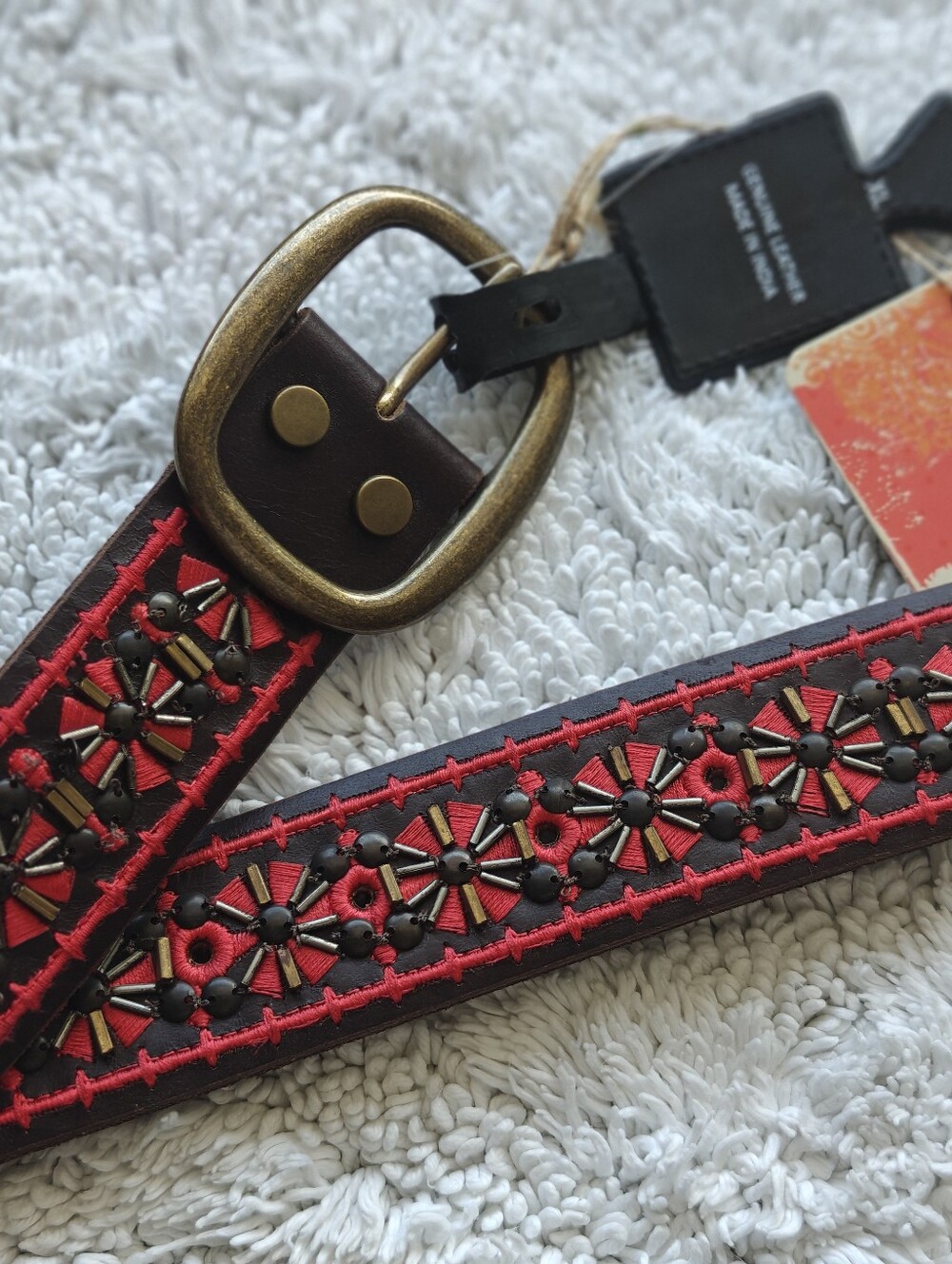 leather belt red & Brown embroidered floral Beaded designs XL 36"